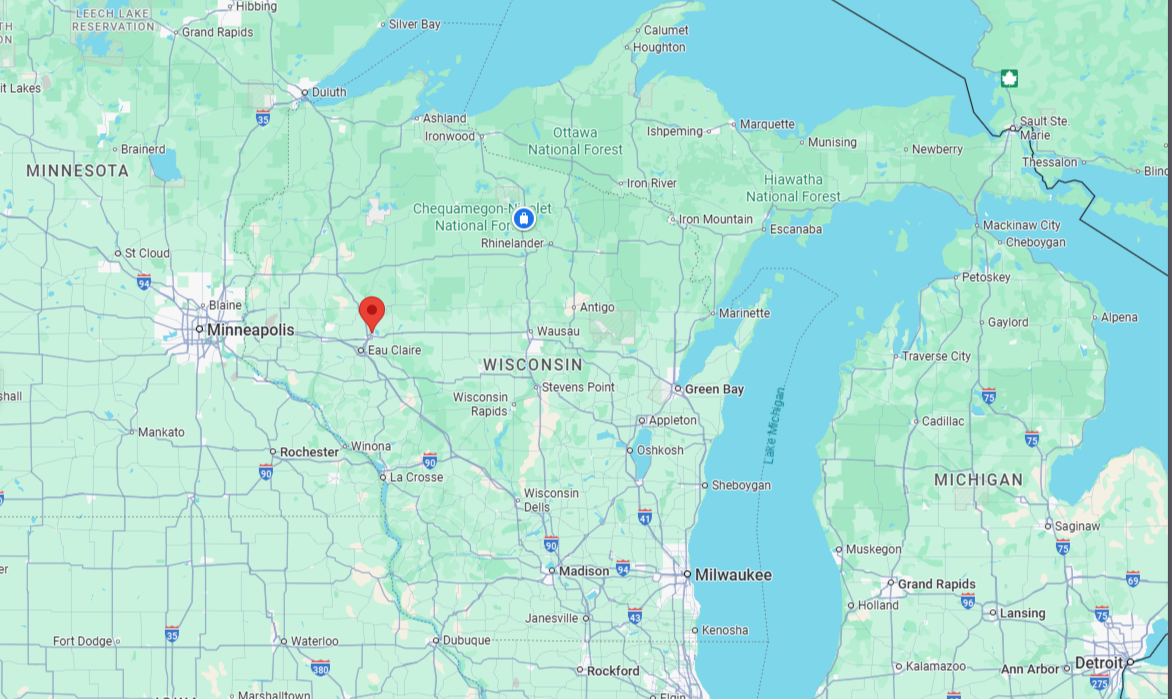 Map of Wisconsin with a red marker on a computer screen